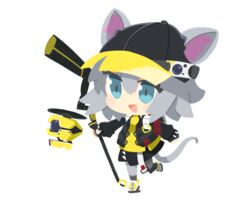  animal_ears arknights backpack bag baseball_cap black_hat black_jacket black_skirt blue_eyes chibi click_(arknights) commentary_request drone female grey_hair grey_pantyhose hair_between_eyes hat highres holding jacket long_sleeves mouse_ears mouse_girl mouse_tail nuu_(nu-nyu) open_mouth pantyhose shirt short_hair simple_background skirt solo tail white_background yellow_shirt 