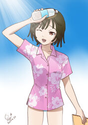  :d alternate_costume artist_name bakemonogatari blue_background blue_panties blue_sky bottle breasts brown_eyes brown_hair collarbone commentary cowboy_shot dated drink female floral_print gradient_background hawaiian_shirt holding holding_drink holding_notebook holding_water huumoon light_rays looking_up monogatari_(series) no_pants notebook one_eye_closed open_mouth panties pink_shirt sengoku_nadeko shirt short_hair short_sleeves signature sky small_breasts smile solo standing sunbeam sunlight thigh_gap two-tone_shirt underwear water_bottle white_background white_shirt 