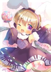  ;d animal_ear_headphones animal_ears armpits bare_shoulders black_dress blush brown_hair candy commentary_request detached_sleeves dress fake_animal_ears female food frilled_dress frilled_sleeves frills fur-trimmed_sleeves fur_trim hair_between_eyes headphones headset holding holding_candy holding_food holding_lollipop kou_hiyoyo lolicon lollipop long_hair long_sleeves looking_at_viewer low_twintails one_eye_closed open_mouth outstretched_arm piano_print print_dress purple_eyes rabbit_ears sleeveless sleeveless_dress sleeves_past_fingers sleeves_past_wrists smile solo swirl_lollipop tsukuyomi_ai twintails very_long_hair voiceroid wide_sleeves 