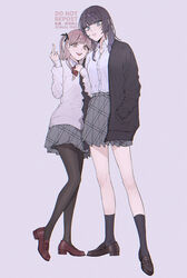  2girls :d artist_name black_bow black_cardigan black_legwear blue_eyes bow bowtie brown_eyes brown_footwear buttons cardigan closed_mouth collared_shirt commentary_request dress_shirt full_body grey_background grey_hair grey_skirt hair_ornament hairbow hand_in_pocket high-waist_skirt highres kneehighs lips loafers long_sleeves medium_hair mizuki_mau mole mole_under_eye multiple_girls open_clothes open_mouth original pantyhose pink_hair pleated_skirt red_bow red_bowtie school_uniform shirt shoes side_ponytail simple_background skirt smile socks standing twitter_username white_shirt yuri zipper zipper_pull_tab 