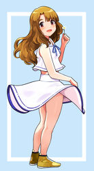  bare_legs blue_background blue_ribbon breasts brown_eyes brown_hair female flower full_body hanamasa_ono highres holding holding_flower idolmaster idolmaster_million_live! light_blush long_hair long_skirt looking_at_viewer looking_back medium_breasts miyao_miya neck_ribbon open_mouth ribbon sailor_collar shirt shoes simple_background skirt sleeveless sleeveless_shirt smile solo standing thick_eyebrows white_sailor_collar white_shirt white_skirt wind wind_lift yellow_footwear 