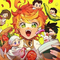  2girls 4boys ahoge bandaid bandaid_on_ear black_eyes black_hair book bow bread brown_eyes brown_footwear brown_hair cheese chibi chili_pepper chinese_commentary closed_mouth collar collared_shirt commentary_request cup don_(yakusoku_no_neverland) drinking_straw emma_(yakusoku_no_neverland) food full_body gilda_(yakusoku_no_neverland) glasses green_eyes hair_over_one_eye highres holding holding_book holding_cup holding_food lettuce long_sleeves looking_at_another looking_at_viewer multiple_boys multiple_girls neck_tattoo norman_(yakusoku_no_neverland) number_tattoo open_book open_mouth orange_hair pants phil_(yakusoku_no_neverland) pink_bow qin_(7833198) ray_(yakusoku_no_neverland) round_eyewear shirt short_hair simple_background sitting smile spiked_hair star-shaped_pupils star_(symbol) stuffed_animal stuffed_rabbit stuffed_toy symbol-shaped_pupils tattoo teeth thick_eyebrows tomato toy upper_body white_hair white_pants white_shirt yakusoku_no_neverland yellow_background 