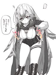  ... an_fyhx arknights ass_visible_through_thighs blush boots bouncing_breasts breasts bright_pupils cape cleavage closed_mouth collarbone cross-laced_footwear fartooth_(arknights) feather_hair feet_out_of_frame female hands_on_own_hips highres lace-up_boots large_breasts leaning_forward long_hair looking_down motion_lines shirt short_shorts shorts solo speech_bubble spoken_ellipsis standing sweat thigh_boots thigh_strap thighhighs thought_bubble translated very_long_hair 