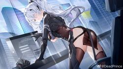  absurdres aether_gazer black_bodysuit black_gloves blue_eyes bodysuit breasts brown_thighhighs cityscape deadprince dutch_angle female from_side gloves grey_hair hair_between_eyes hair_ornament heterochromia high_ponytail highres indoors kotachi_(aether_gazer) long_hair looking_at_viewer looking_to_the_side medium_breasts parted_lips ponytail red_eyes solo standing thighhighs very_long_hair 