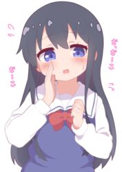  bad_id bad_twitter_id black_hair blue_dress blue_eyes blush bow bowtie commentary_request dress female flying_sweatdrops hands_up hatafuta long_hair long_sleeves looking_to_the_side open_mouth red_bow red_bowtie sailor_collar sailor_dress school_uniform shirosaki_hana shirt sideways_glance simple_background solo sweatdrop translated upper_body watashi_ni_tenshi_ga_maiorita! wavy_mouth white_background white_sailor_collar white_shirt 