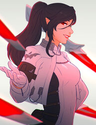  black_hair blurry blurry_foreground breasts elezen elf female final_fantasy final_fantasy_xiv hair_between_eyes highres hilda_ware hyur koyorin long_hair looking_at_viewer medium_breasts pointy_ears ponytail profile red_eyes sage_(final_fantasy) simple_background smile solo upper_body weapon white_background 