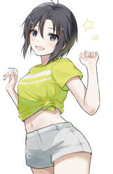  :d antenna_hair black_eyes black_hair blush breasts commentary cowboy_shot curled_fingers double_horizontal_stripe female green_shirt hair_between_eyes hands_up idolmaster idolmaster_(classic) kikuchi_makoto looking_at_viewer midriff mogskg navel open_mouth shirt short_hair short_shorts short_sleeves shorts simple_background small_breasts smile solo standing star_(symbol) t-shirt tied_shirt w_arms white_background white_shorts 