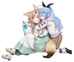  2girls ;d ahoge animal_ear_fluff animal_ears black_hair black_ribbon blonde_hair blue_hair blush bottle braid brown_skirt cardigan closed_eyes elf facing_another fox_ears fox_girl fox_tail from_side full_body green_skirt hair_ribbon heart heart-shaped_pupils heart_ahoge highres holding holding_bottle hololive hug hug_from_behind long_hair long_skirt long_sleeves looking_at_viewer medium_skirt mitsumine_(ookami_no_oyashiro) multicolored_hair multiple_girls official_alternate_costume omaru_polka omaru_polka_(street_casual) one_eye_closed open_cardigan open_clothes pink_hair pointy_ears ponytail purple_eyes ribbon shirt shoes simple_background skirt smile socks streaked_hair symbol-shaped_pupils tail teeth upper_teeth_only very_long_hair virtual_youtuber white_background white_cardigan white_shirt yukihana_lamy yukihana_lamy_(casual) 