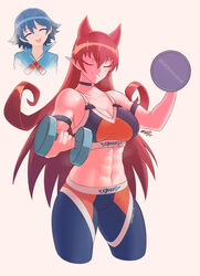  1boy abs azazel_ameri beige_background blue_hair blue_jacket breasts choker cleavage closed_eyes collarbone commentary cowboy_shot cropped_legs dated demon_girl dumbbell exercising female hair_horns highres holding jacket large_breasts long_hair mairimashita!_iruma-kun midriff muscular muscular_female navel pants pointy_ears red_hair signature simple_background smile sports_bra suzuki_iruma sweat tight_clothes toned twitter_username two-tone_sports_bra weightlifting white_background zhvo 