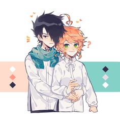  1boy ? ahoge black_hair blue_scarf blush bow bowtie braid closed_mouth collar collared_shirt commentary emma_(yakusoku_no_neverland) emnoray female green_eyes hair_ornament hair_over_one_eye heart highres hug hug_from_behind long_sleeves looking_at_another looking_at_viewer neck_tattoo number_tattoo orange_hair parted_lips protected_link ray_(yakusoku_no_neverland) scarf shirt short_braid short_hair simple_background smile standing tattoo upper_body white_background white_bow white_bowtie white_shirt yakusoku_no_neverland 