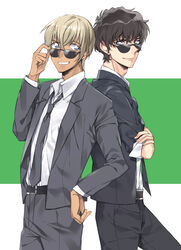  2boys adjusting_eyewear amuro_tooru belt black_belt black_jacket black_necktie black_pants black_suit blonde_hair blue_eyes brown_hair closed_mouth collared_shirt commentary cowboy_shot crossed_arms dreaming182 fingernails formal green_background grey_jacket grey_necktie grey_pants grey_suit grin hair_between_eyes hand_on_eyewear hand_on_own_hip hand_up highres jacket long_sleeves looking_at_viewer loose_necktie male_focus matsuda_jinpei meitantei_conan multiple_boys necktie open_clothes open_jacket pants shirt shirt_tucked_in short_hair sleeves_rolled_up smile standing suit sunglasses teeth two-tone_background white_background white_shirt 