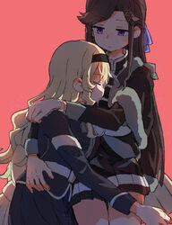  2girls aiguillette belt black_hairband blonde_hair blue_bow blue_jacket blue_skirt bow brown_hair closed_eyes couple cowboy_shot cuddling epaulettes expressionless fud fur-trimmed_jacket fur_trim grey_skirt hair_between_eyes hair_ornament hairband hairbow highres hug jacket jacket_on_shoulders long_hair long_sleeves multiple_girls pleated_skirt purple_eyes red_background saijou_claudine shoujo_kageki_revue_starlight sidelocks simple_background single_stripe sitting skirt swept_bangs tendou_maya upper_body wavy_hair x_hair_ornament yellow_belt yuri 