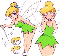  bare_shoulders blonde_hair blue_eyes blush breasts butterfly_wings ciosuii closed_mouth dress fairy fairy_wings female full_body green_dress hair_bun hair_ribbon highres insect_wings multiple_views peter_pan_(disney) pointy_ears ribbon short_hair single_hair_bun smile swept_bangs tinker_bell_(disney) wand wings 