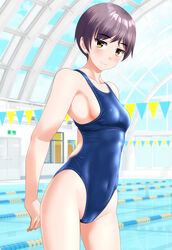  absurdres blue_one-piece_swimsuit breasts brown_eyes cameltoe commentary_request competition_swimsuit covered_navel covered_nipples cowboy_shot curved_ceiling female glass_ceiling grey_hair groin highleg highleg_swimsuit highres indoors lane_line looking_at_viewer medium_breasts one-piece_swimsuit original pool short_hair sideboob solo standing string_of_flags swimsuit takafumi 