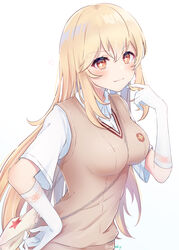  absurdres blonde_hair blush breasts chains closed_mouth elbow_gloves female gloves hand_on_own_hip hand_to_own_mouth hand_up highres large_breasts long_hair looking_at_viewer school_uniform shokuhou_misaki short_sleeves simple_background smile solo sparkling_eyes star_(symbol) summer_uniform sweater_vest symbol-shaped_pupils toaru_kagaku_no_railgun toaru_majutsu_no_index tokiwadai_school_uniform v-neck white_background white_gloves yellow_eyes zky_(oekaky) 