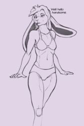  2022 5_fingers anthro bra breasts clothed clothing dialogue english_text female fingers fur greeting hair hi_res lagomorph legs_together leporid long_ears lord_magicpants mammal midriff navel panties rabbit simple_background slim small_breasts smile solo standing text underwear underwear_only 