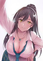  arm_up black_hair bra breasts cleavage dog_tags female hair_between_eyes hand_on_own_hip idolmaster idolmaster_shiny_colors inue_shinsuke large_breasts long_hair looking_at_viewer necktie plaid plaid_skirt pleated_skirt ponytail reaching reaching_towards_viewer school_uniform see-through shirase_sakuya simple_background skirt smile solo underwear white_background yellow_eyes 