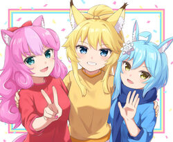  accessory alternative_fashion animal_humanoid blonde_hair blue_eyes blue_hair blush breasts cat_humanoid clothing confetti domestic_cat felid felid_humanoid feline feline_humanoid felis female fluffy_ears group hair hair_accessory hi_res humanoid j-fashion lagomorph lagomorph_humanoid leporid leporid_humanoid machikado07 mammal mammal_humanoid open_mouth pink_hair rabbit rabbit_humanoid rararin_(show_by_rock!!) sanrio shirt show_by_rock!! simple_background smile sumomone_(show_by_rock!!) sweater t-shirt teeth topwear trio uiui_(show_by_rock!!) yellow_eyes 