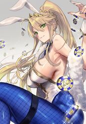  ahoge animal_ears armpits artoria_pendragon_(fate) artoria_pendragon_(swimsuit_ruler)_(fate) bad_id bad_twitter_id bare_shoulders blonde_hair blue_necktie blue_pantyhose braid breasts closed_mouth clothing_cutout commentary_request crown detached_collar fate/grand_order fate_(series) female fishnet_pantyhose fishnets french_braid gradient_background green_eyes grey_background hair_between_eyes highres katase_bono large_breasts leotard long_hair looking_at_viewer navel_cutout necktie pantyhose playboy_bunny poker_chip ponytail rabbit_ears sidelocks sitting solo swept_bangs thighs tiara white_leotard 