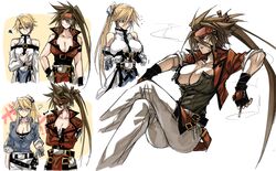  2girls age_comparison black_gloves blonde_hair blue_eyes breasts brown_hair cigarette cleavage_cutout clothing_cutout cropped_jacket dong_hole embarrassed fingerless_gloves genderswap_(mtf) gloves guilty_gear headband highres holding holding_cigarette huge_breasts ky_kiske kyko multiple_girls parted_bangs ponytail red_eyes red_headband rule_63 sidelocks simple_background smoking sol_badgal sol_badguy spiked_hair 