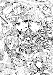  6+girls absurdres ahoge american_flag animal arm_up blue_whale breasts cheek-to-cheek cleavage confrontation creator_connection double_bun flag fletcher_(kancolle) glasses greyscale hair_bun hat headgear heads_together highres houston_(kancolle) johnston_(kancolle) kantai_collection large_breasts little_blue_whale_(kancolle) long_hair monochrome multiple_girls neckerchief northampton_(kancolle) oerba_yun_fang open_mouth parted_lips pen_(medium) pleated_skirt sailor_collar samuel_b._roberts_(kancolle) school_uniform serafuku short_hair skin_fang skirt south_dakota_(kancolle) star_(symbol) traditional_media tsuji_kazuho two_side_up washington_(kancolle) whale 