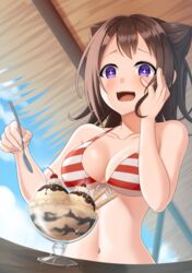  bang_dream! bare_shoulders bikini breasts brown_hair cherry cleavage collarbone commentary cone_hair_bun day female food from_below fruit hair_bun hair_ornament highres holding holding_spoon kurisu-kun large_breasts medium_hair navel open_mouth outdoors purple_eyes red_bikini smile solo spoon star_(symbol) star_in_eye striped_bikini striped_clothes swimsuit symbol_in_eye teeth toyama_kasumi upper_body upper_teeth_only 