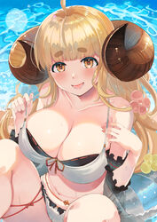  ahoge anila_(granblue_fantasy) anila_(summer)_(granblue_fantasy) bare_shoulders bikini blonde_hair blush breasts cleavage collarbone draph female granblue_fantasy highres horns large_breasts long_hair looking_at_viewer navel nuko_(mikupantu) official_alternate_costume open_mouth revision sheep_horns short_eyebrows smile solo swimsuit yellow_eyes 