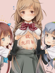  3girls akino_shuu anniversary arm_warmers asagumo_(kancolle) blush body_writing braid brown_eyes brown_hair closed_mouth collared_shirt grey_eyes grey_hair grey_skirt kantai_collection light_brown_hair long_hair minegumo_(kancolle) multiple_girls open_mouth pink_background shirt short_sleeves simple_background skirt smile twin_braids twintails twitter_username white_shirt yamagumo_(kancolle) 