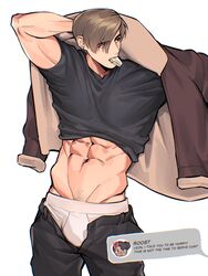  1boy abs alternate_costume bara black_pants black_shirt brown_hair brown_jacket bulge dressing english_text food food_in_mouth groin highres hirusuhi ingrid_hunnigan jacket large_pectorals leon_s._kennedy looking_to_the_side male_focus male_underwear muscular muscular_male navel open_clothes open_jacket open_pants pants pectorals resident_evil resident_evil_4 resident_evil_4_(remake) shirt short_hair simple_background solo thick_eyebrows underwear white_background white_male_underwear 