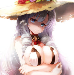  algerie_(azur_lane) algerie_(white_sand_paradise)_(azur_lane) azur_lane bikini blush breasts cleavage closed_mouth detached_collar drill_hair female flower grey_hair hair_between_eyes hat hat_flower large_breasts long_hair looking_at_viewer mole mole_under_eye nitchi official_alternate_costume purple_eyes purple_flower red_flower smile solo straw_hat swimsuit two-tone_bikini underboob very_long_hair white_background white_bikini 