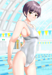  absurdres breasts brown_eyes cameltoe commentary_request competition_swimsuit covered_navel covered_nipples cowboy_shot curved_ceiling female glass_ceiling grey_hair groin highleg highleg_swimsuit highres indoors lane_line looking_at_viewer medium_breasts one-piece_swimsuit original pool short_hair sideboob solo standing string_of_flags swimsuit takafumi white_one-piece_swimsuit 