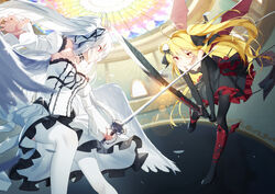  2girls absurdres ahoge bat_wings battle black_dress black_pantyhose black_ribbon blonde_hair blurry blurry_background blush breasts choker clash commentary detached_sleeves dress duel english_commentary feathered_wings hair_ornament hair_ribbon highres katana long_hair looking_at_another medium_breasts multiple_girls original pantyhose qys3 red_eyes ribbon second-party_source siblings sisters smile sparks strapless strapless_dress sword thighhighs tokisaki_asaba_(niliu_chahui) tokisaki_mio_(niliu_chahui) two_side_up weapon white_dress white_hair white_pantyhose wings 