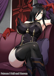  armored_boots artist_name ass azur_lane bare_shoulders black_footwear black_hair black_panties black_thighhighs boots breasts buttons crossed_legs double-breasted elbow_gloves female friedrich_der_grosse_(azur_lane) gloves hair_over_one_eye hellandheaven highres horns indoors iron_blood_(emblem) large_breasts long_hair looking_at_viewer mechanical_arms mechanical_horns panties patreon_username red_gloves red_horns sitting solo thighhighs underwear yellow_eyes 