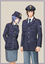  1boy aqua_(kingdom_hearts) arms_behind_back bad_id bad_pixiv_id blue_eyes blue_hair blue_jacket blue_necktie blue_pants blue_skirt brown_background brown_hair female hat highres italy jacket kingdom_hearts kingdom_hearts_iii looking_at_viewer necktie pants piiiiiko police police_hat police_uniform policeman policewoman polizia shirt short_hair skirt smile terra_(kingdom_hearts) tunic uniform white_shirt 