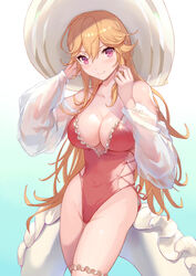  azur_lane bad_id bad_pixiv_id bare_shoulders blonde_hair blue_background blush breasts bridal_garter cleavage closed_mouth collarbone commentary female gradient_background hat highleg highleg_swimsuit innertube large_breasts long_hair long_sleeves looking_at_viewer mokyumokyuchan official_alternate_costume one-piece_swimsuit pink_eyes pink_one-piece_swimsuit puffy_long_sleeves puffy_sleeves richelieu_(azur_lane) richelieu_(fleuron_of_the_waves)_(azur_lane) see-through smile sun_hat swim_ring swimsuit thighs white_headwear 