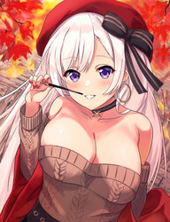  aran_sweater autumn_leaves azur_lane bare_shoulders belfast_(azur_lane) belfast_(shopping_with_the_head_maid)_(azur_lane) black_skirt breasts brown_sweater cable_knit choker cleavage commentary earrings female food highres holding holding_food holding_pocky hoop_earrings itaba_atsushi jewelry long_hair looking_at_viewer low_neckline off-shoulder_sweater off_shoulder official_alternate_costume outdoors pocky purple_eyes red_headwear red_shawl shawl simple_background skirt solo sweater white_background white_hair 