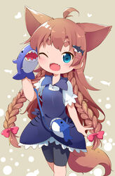  ;d ahoge animal_bag animal_ears bag bike_shorts black_shorts blue_dress blue_eyes blush bow braid brown_background brown_hair collared_shirt commentary_request dress dress_shirt fangs female hair_ornament hairbow hairclip hand_puppet hand_up heart highres long_hair makuran momiji_(makuran) one_eye_closed open_mouth original puffy_short_sleeves puffy_sleeves puppet red_bow shirt short_eyebrows short_sleeves shorts shoulder_bag sleeveless sleeveless_dress smile solo standing tail thick_eyebrows twin_braids very_long_hair white_shirt 