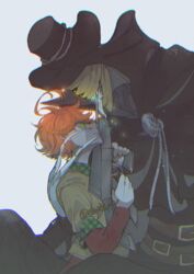  1boy ahoge angry artist_name belt belt_buckle black_coat black_headwear brown_belt buckle chromatic_aberration closed_mouth coat collar collared_shirt colored_sclera commentary_request demon emma_(yakusoku_no_neverland) face-to-face female from_side green_eyes grey_background gun gun_in_mouth hat highres holding holding_gun holding_weapon leuvis_(yakusoku_no_neverland) looking_at_another monster open_mouth orange_hair red_sleeves shadow shirt short_hair simple_background smile teeth upper_body weapon xi_yuu yakusoku_no_neverland yellow_eyes yellow_sclera 