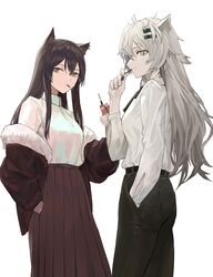  2girls alternate_costume animal_ears arknights ass belt black_hair black_nails black_pants black_ribbon breasts brown_jacket brown_skirt casual closed_mouth collared_shirt commentary cowboy_shot day dress_shirt earrings eating food from_side fur-trimmed_jacket fur_trim hair_between_eyes hair_ornament hairclip hand_in_pocket highres jacket jewelry koio lappland_(arknights) long_hair long_skirt long_sleeves looking_at_viewer medium_breasts messy_hair mouth_hold multiple_girls nail_polish neck_ribbon off_shoulder pants pleated_skirt pocky profile ribbon shirt sidelocks simple_background skirt smile straight_hair texas_(arknights) white_background white_hair white_shirt wolf_ears yellow_eyes 