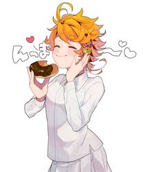  ahoge arm_up blush closed_eyes closed_mouth collared_shirt commentary doughnut eating emma_(yakusoku_no_neverland) facing_viewer female food hair_ornament heart highres holding holding_food long_sleeves neck_tattoo number_tattoo orange_hair shirt short_hair simple_background skirt smile solo standing tattoo translation_request upper_body white_background white_shirt white_skirt x_hair_ornament yakusoku_no_neverland yukasa_(yu_sa18) 