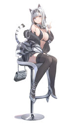  animal_ear_fluff animal_ears bag bikini bikini_top_only black_hairband black_skirt black_thighhighs blue_eyes blunt_bangs breasts cat_ears cat_tail commentary detached_collar female full_body fur-trimmed_jacket fur_trim hairband handbag high_heels highres index_finger_raised jacket large_breasts long_hair miniskirt navel nekojira original parted_lips playing_with_own_hair simple_background sitting skirt solo stool striped_clothes striped_jacket striped_tail swimsuit symbol-only_commentary tail thea_(nekojira) thighhighs white_background white_footwear white_hair white_tiger_print zettai_ryouiki 