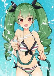  anchovy_(girls_und_panzer) bikini blue_background breasts cleavage commentary drill_hair female girls_und_panzer girls_und_panzer_senshadou_daisakusen! green_hair hair_ribbon hose italian_flag_bikini long_hair looking_at_viewer nakasone_haiji navel open_mouth red_eyes ribbon solo swimsuit twin_drills twintails water 