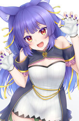  .live animal_ears awai_shiro blush breasts claw_pose commentary_request fangs female fingernails hair_ornament highres long_hair open_mouth orange_eyes purple_eyes purple_hair rurun_rururica simple_background small_breasts solo virtual_youtuber white_background wolf_ears wolf_girl 