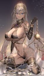  abs absurdres bare_shoulders bikini black_bikini black_gloves black_thighhighs blue_eyes breasts chains cleavage crown cuffs dark-skinned_female dark_skin earrings elbow_gloves fate/grand_order fate_(series) female gloves grey_hair highleg highleg_bikini highres jewelry katase_bono kneeling large_breasts long_hair looking_at_viewer navel neck_ring parted_lips solo swimsuit thighhighs thighs zenobia_(fate) 