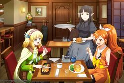  3girls absurdres apron bare_shoulders black_hair black_skirt black_vest blonde_hair blue_eyes cape cayna_(leadale_no_daichi_nite) crossover crunchyroll cup elf food grey_apron hair_ornament hair_ribbon highres hime_(crunchyroll) isekai_shokudou knife kuro_(isekai_shokudou) leadale_no_daichi_nite multicolored_hair multiple_girls official_art omelet omurice ookawa_shinobu open_mouth orange_eyes orange_hair pointy_ears ribbon round_teeth skirt table teeth tofu umbrella vest white_hair wooden_floor yellow_eyes 