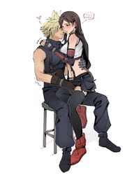  1boy bar_stool bare_shoulders black_footwear black_gloves black_skirt black_thighhighs boots brown_hair cloud_strife couple crop_top earrings female final_fantasy final_fantasy_vii final_fantasy_vii_remake gloves hug jewelry long_hair low-tied_long_hair midriff miniskirt one_eye_closed pudelmudel red_eyes red_footwear simple_background sitting sitting_on_person skirt stool straight suspender_skirt suspenders tank_top thighhighs tifa_lockhart vambraces white_background white_tank_top 