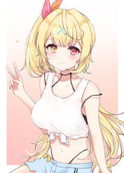  :3 absurdres ahoge bare_shoulders black_choker blonde_hair blunt_bangs blush breasts choker collarbone commentary female hair_ornament hair_ribbon hand_up heart heterochromia highres hoshikawa_sara hoshikawa_sara_(1st_costume) large_breasts long_hair looking_at_viewer midriff navel nijisanji red_eyes ribbon side_ponytail smile solo v virtual_youtuber x_hair_ornament yellow_eyes zky_(oekaky) 