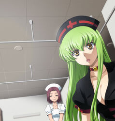  2girls black_shirt breasts c.c. ceiling choker cleavage closed_eyes code_geass commentary_request cross green_hair hair_between_eyes hat kaname_aomame kouzuki_kallen long_hair meme metal_gear_(series) metal_gear_solid multiple_girls nine_years_in_a_coma_(meme) nurse nurse_cap open_mouth parody parted_bangs puffy_short_sleeves puffy_sleeves red_cross red_hair shirt short_hair short_sleeves sweatdrop yellow_eyes 