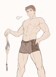  1boy abs bad_id bad_pixiv_id bara bulge camouflage camouflage_swimsuit feet_out_of_frame flat_color grey_male_swimwear holding holding_clothes holding_swimsuit light_blush light_brown_hair male_focus male_swimwear muscular muscular_male navel nipples pectorals piers_nivans resident_evil resident_evil_6 short_hair sideburns solo stomach swimsuit tarowo topless_male unworn_swimsuit 