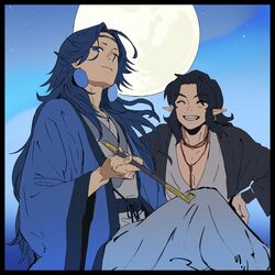  2boys black_hair blue_hair closed_eyes earrings hands_on_own_hips jewelry lanxi_zhen laojun_(the_legend_of_luoxiaohei) long_hair long_sleeves luo_xiaohei_zhanji moon multiple_boys okada_(okada_zari) parted_lips pointy_ears smile upper_body wide_sleeves xuan_li_(the_legend_of_luoxiaohei) 